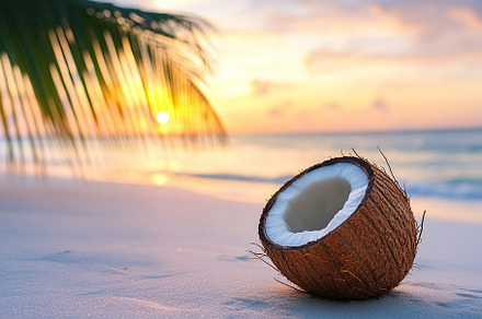 Fresh coconut on sandy beach on seaside background, a Food & Drink Photo by AlyaAnd