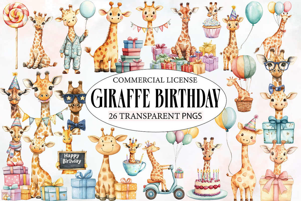 Giraffe Birthday Watercolor Clipart, an Illustration by Designworld (Photo 1 of 5)