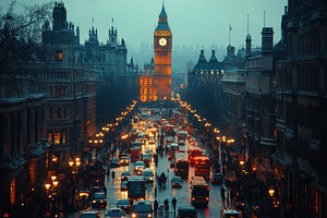 Evening traffic flows past Big Ben a, a Photo by Tanuart
