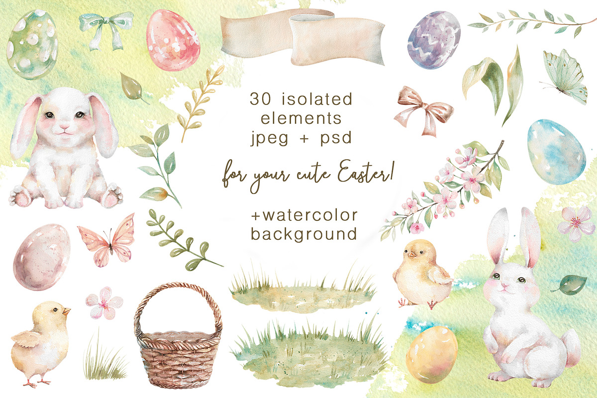 Easter Rabbits watercolor clipart, an Animal Illustration by Eva Kleinman (Photo 2 of 14)