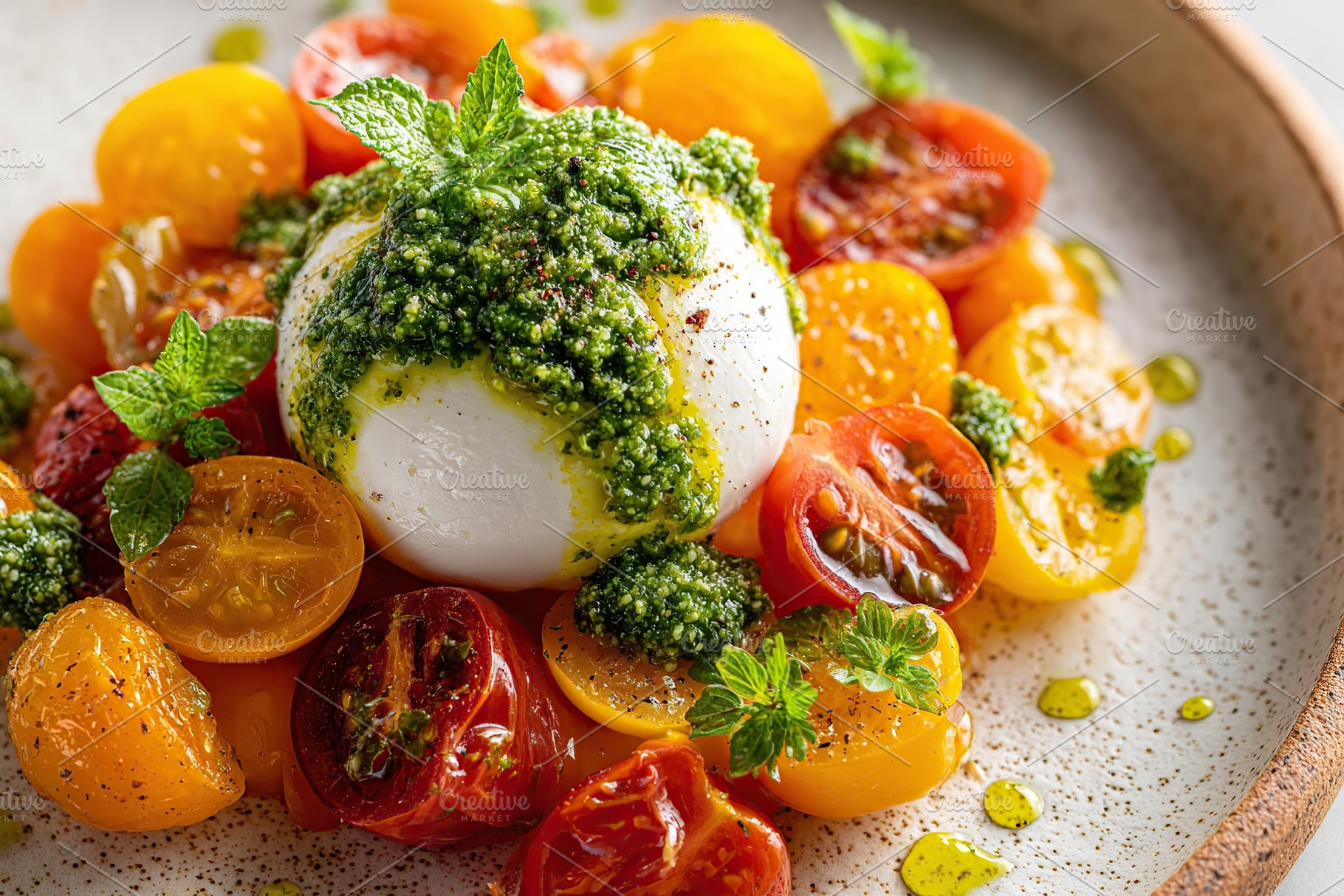 Delicious salad featuring heirloom tomatoes and fresh pesto served on a rustic, a Food & Drink Photo by AlyaAnd