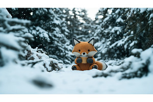 Cute Plush Fox Sitting In Snowy