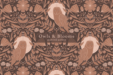 Owl and Bloom Seamless Pattern Mocha