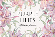 PURPLE LILIES watercolor flowers, a Decorative Illustration by Yuliia Lashevska (Thumbnail 1 of 14)
