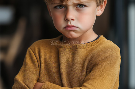 A young boy with blond hair and an angry expression, wearing a mustard-colored, a Person Photo by Textures & Backgrounds