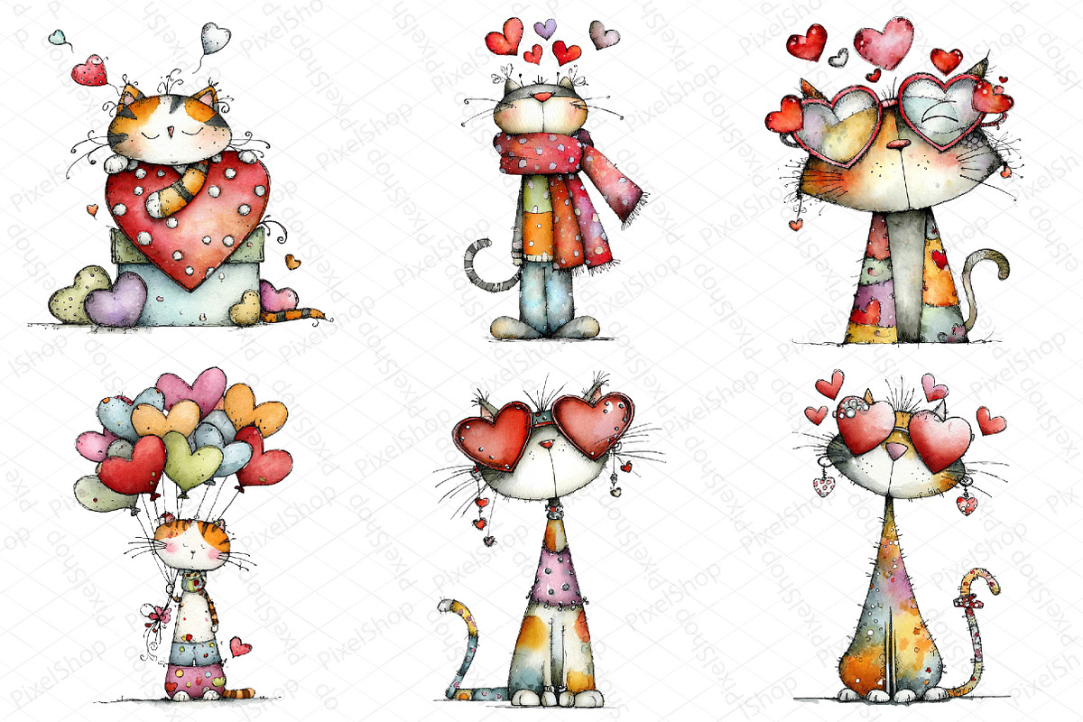 Quirky Valentine Cats Clipart, an Illustration by DreamPrint404 (Photo 2 of 6)