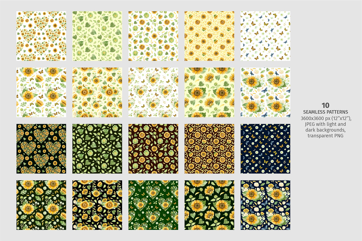 Sunflowers clipart, patterns, frames, a Decorative Illustration by Valin Malin (Photo 9 of 16)