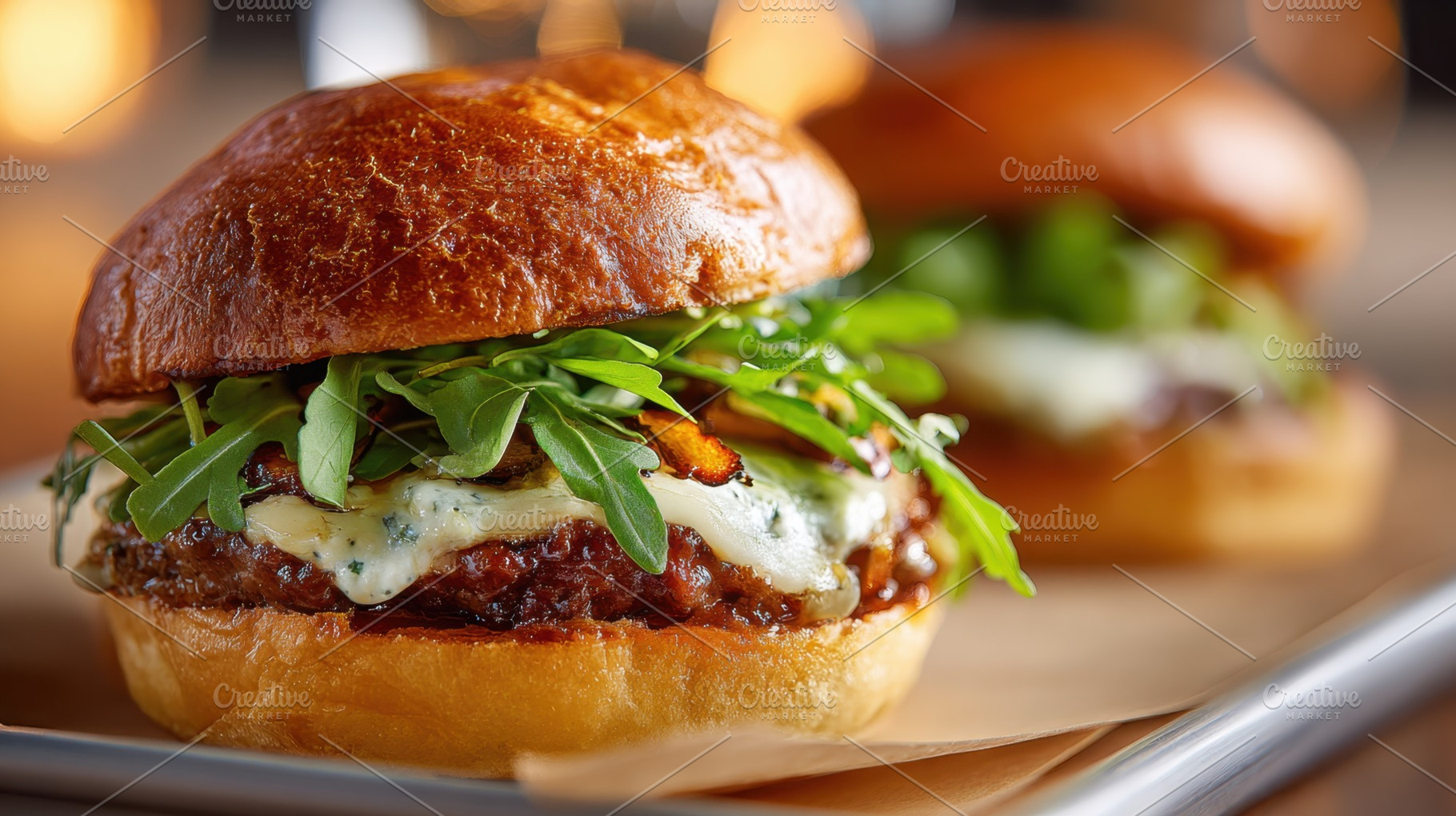Burger with greens in a warm setting, a Photo by Beautiful things