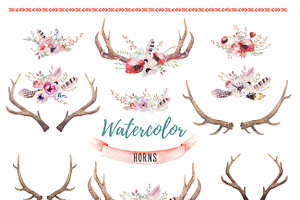 Watercolor Deer And Horns. Bohemian