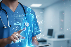 Doctor interacting with a human holo, a Health & Medical Photo by angellodeco