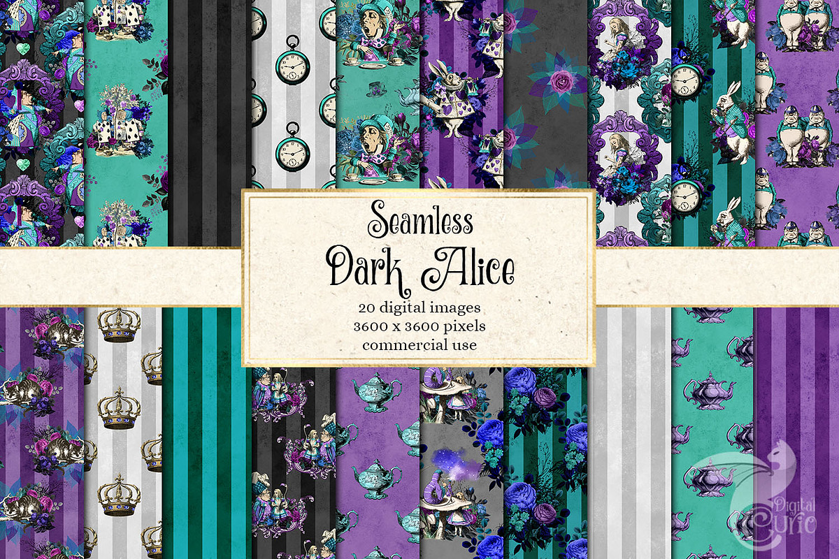 Dark Alice in Wonderland Patterns, a Pattern Graphic by Digital Curio