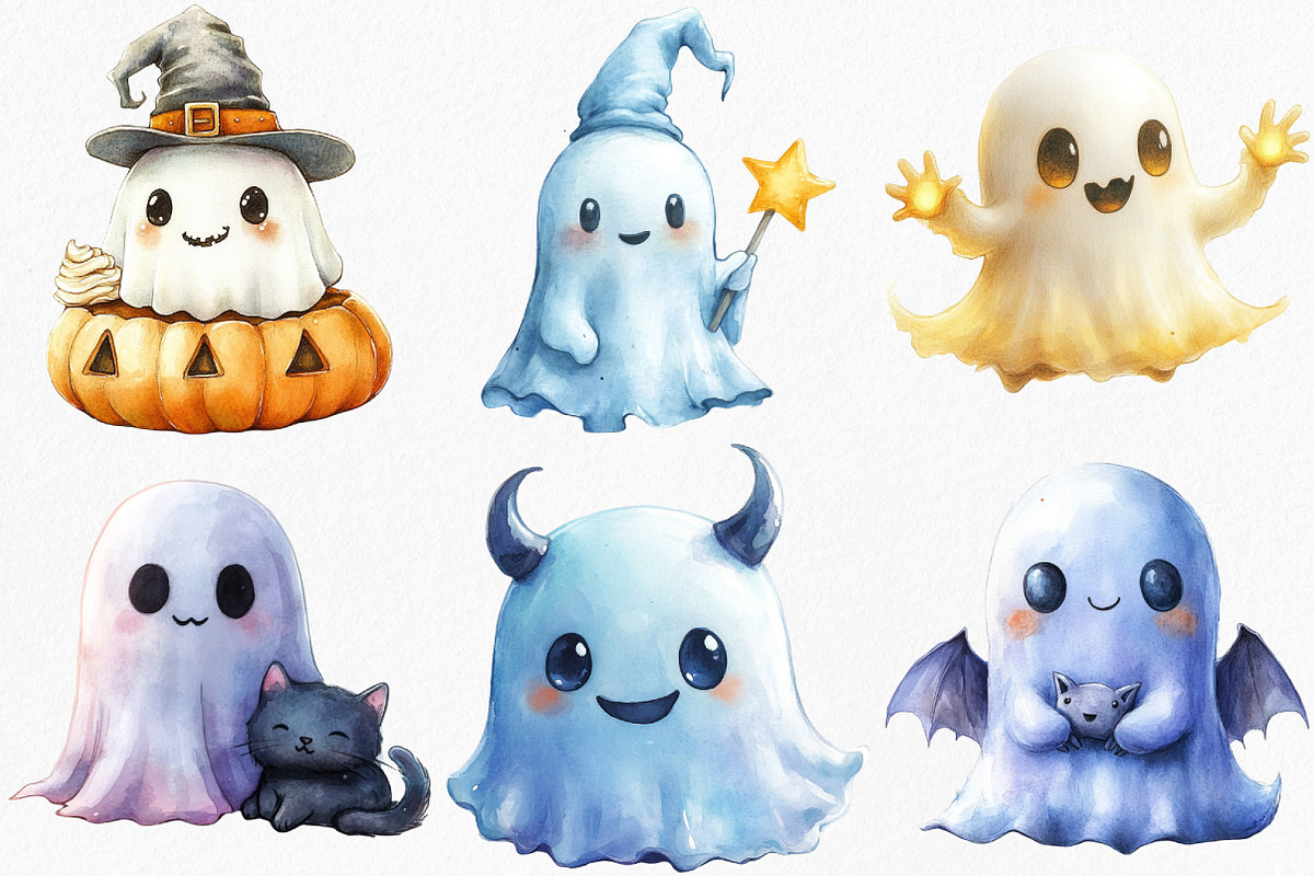 Watercolor Chibi Ghost Clipart, an Illustration by Canvas Craft (Photo 3 of 7)