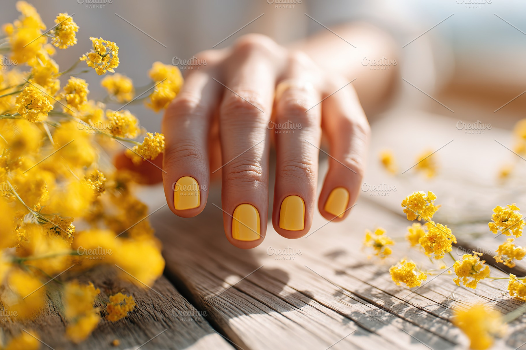 Female hand with bright yellow nails reaching towards yellow flowers on a woode, a Beauty & Fashion Photo by AlyaAnd