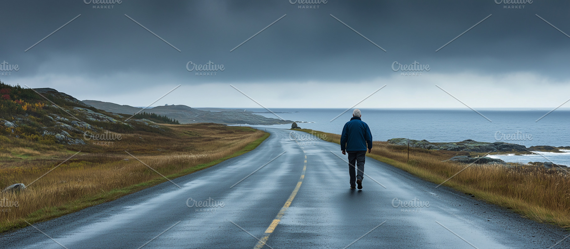 Senior man walks alone on a road, a Photo by MistyDay