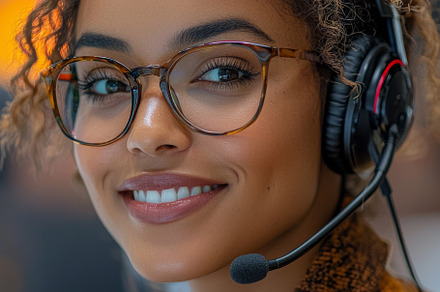 Smiling woman with headset working in a professional office environment, a Photo by AS photostudio