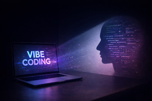 Vibe coding education concept with silhouette and laptop, featur, a Photo by Dvoevnore photos