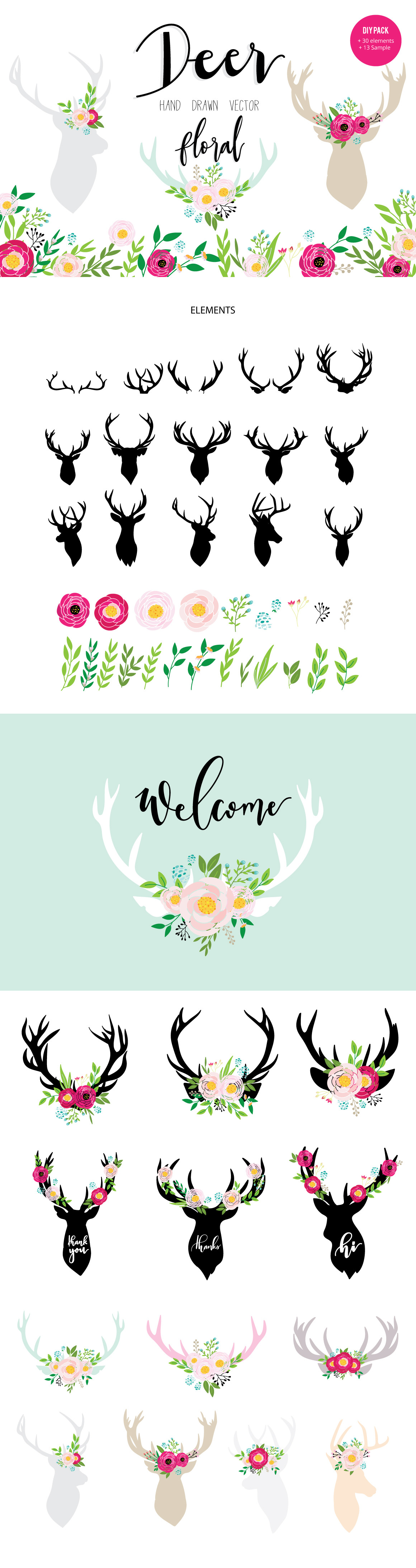DEER AND FLORAL HAND DRAWN VECTOR, an Animal Illustration by MooBeer