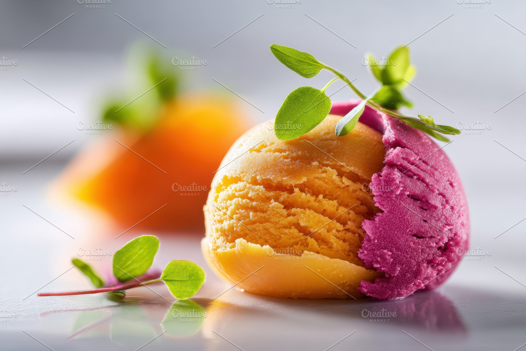 Colorful sorbet scoops with fresh herbs, a Food & Drink Photo by AlyaAnd