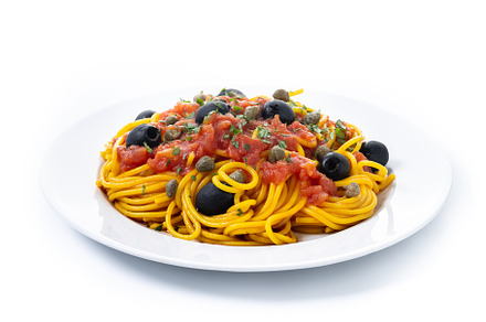 Italian Pasta puttanesca with tomato sauce, capers, and black ol, a Food & Drink Photo by etorres69