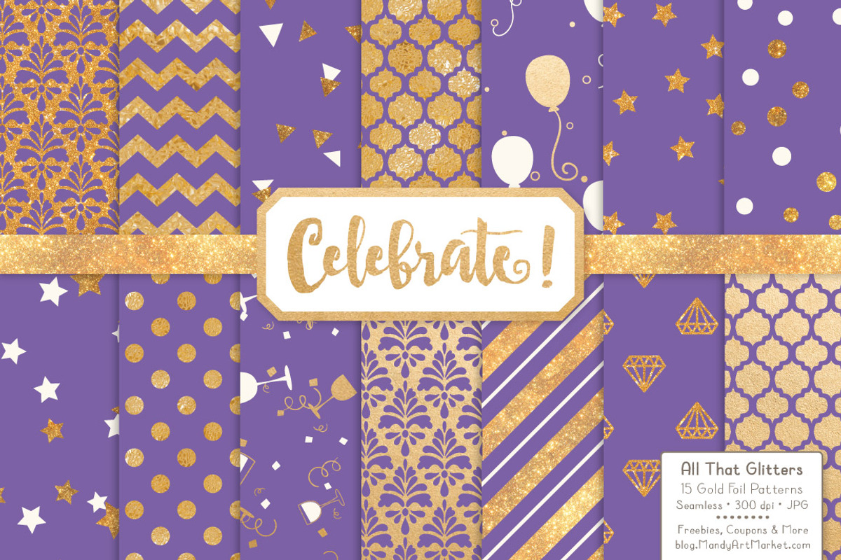 Gold Foil Digital Papers in Purple, a Pattern Graphic by Amanda Ilkov (Photo 1 of 4)