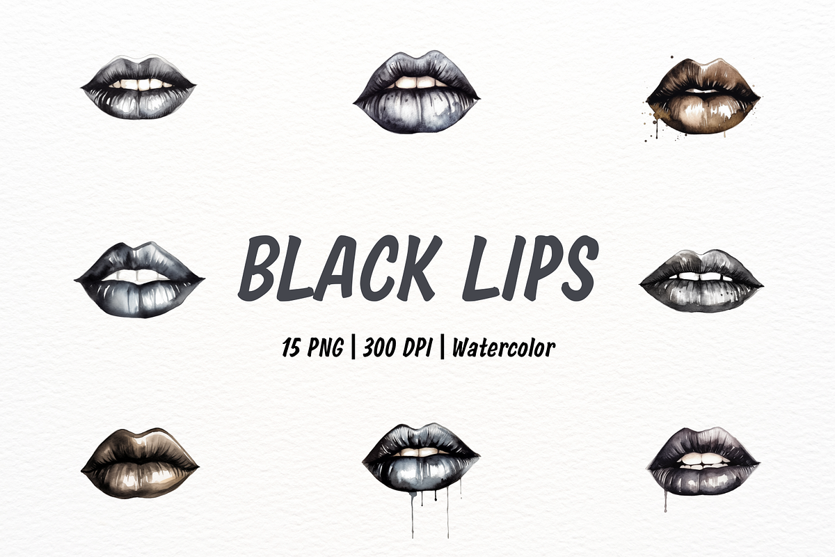 Black Elegant Lips Watercolor, an Object Illustration by New-School-Wave (Photo 1 of 5)