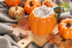 Cozy pumpkin mug with hot chocolate and marshmallows, a Food & Drink Photo by Olena Rudo