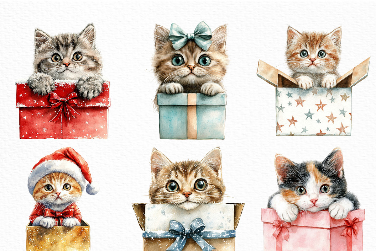 Christmas Cat Gift Box Clipart, an Illustration by Craft Nest (Photo 2 of 6)