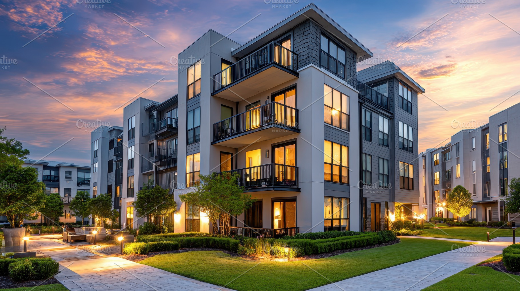 Modern apartment building sunset ext, a Photo by Pixeness Studio