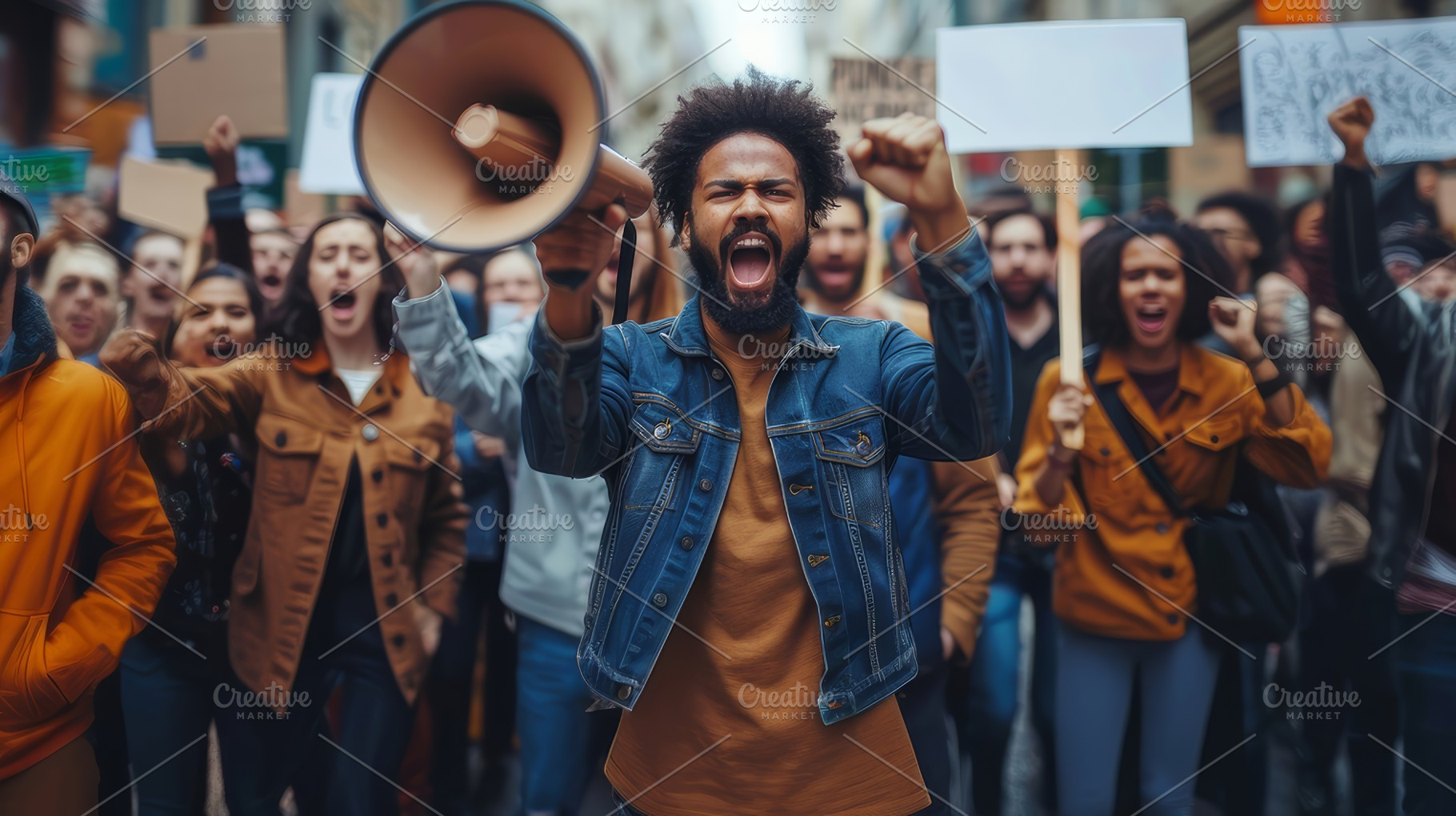 Energetic Multicultural Group Protesting for Change, Featuring Man with Megapho, a Photo by AS photostudio