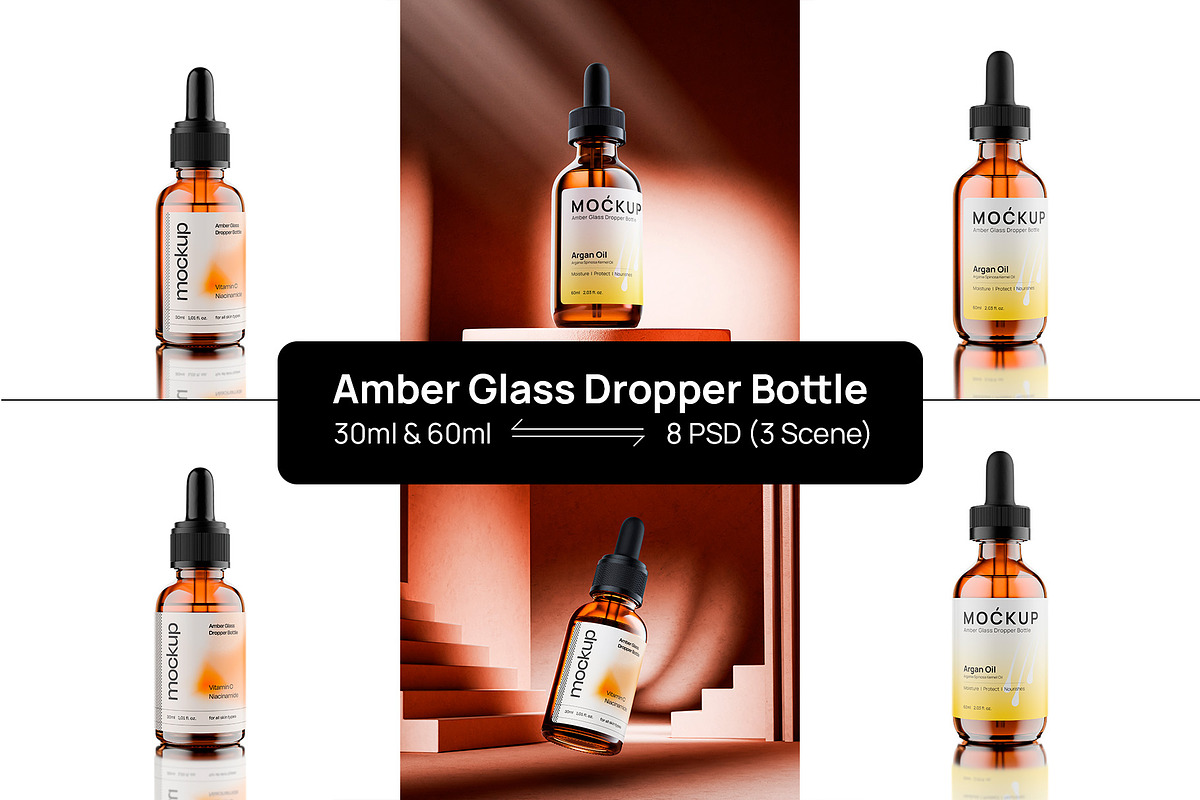 Amber Glass Dropper Bottle Mockup, a Packaging Mockup by ABAMockups (Photo 1 of 4)