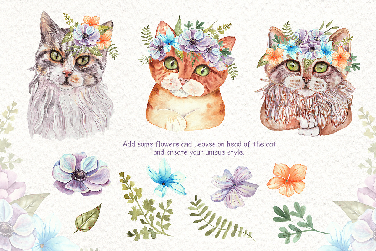 Watercolor Cats and Flowers, an Animal Illustration by TanataDesign (Photo 4 of 9)