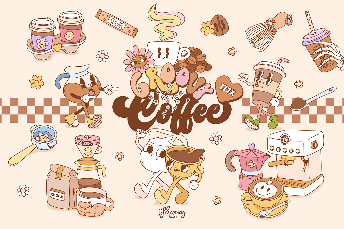 Retro Groovy Coffee Clipart Bundle, a Food Illustration by Huxmay (Photo 1 of 9)