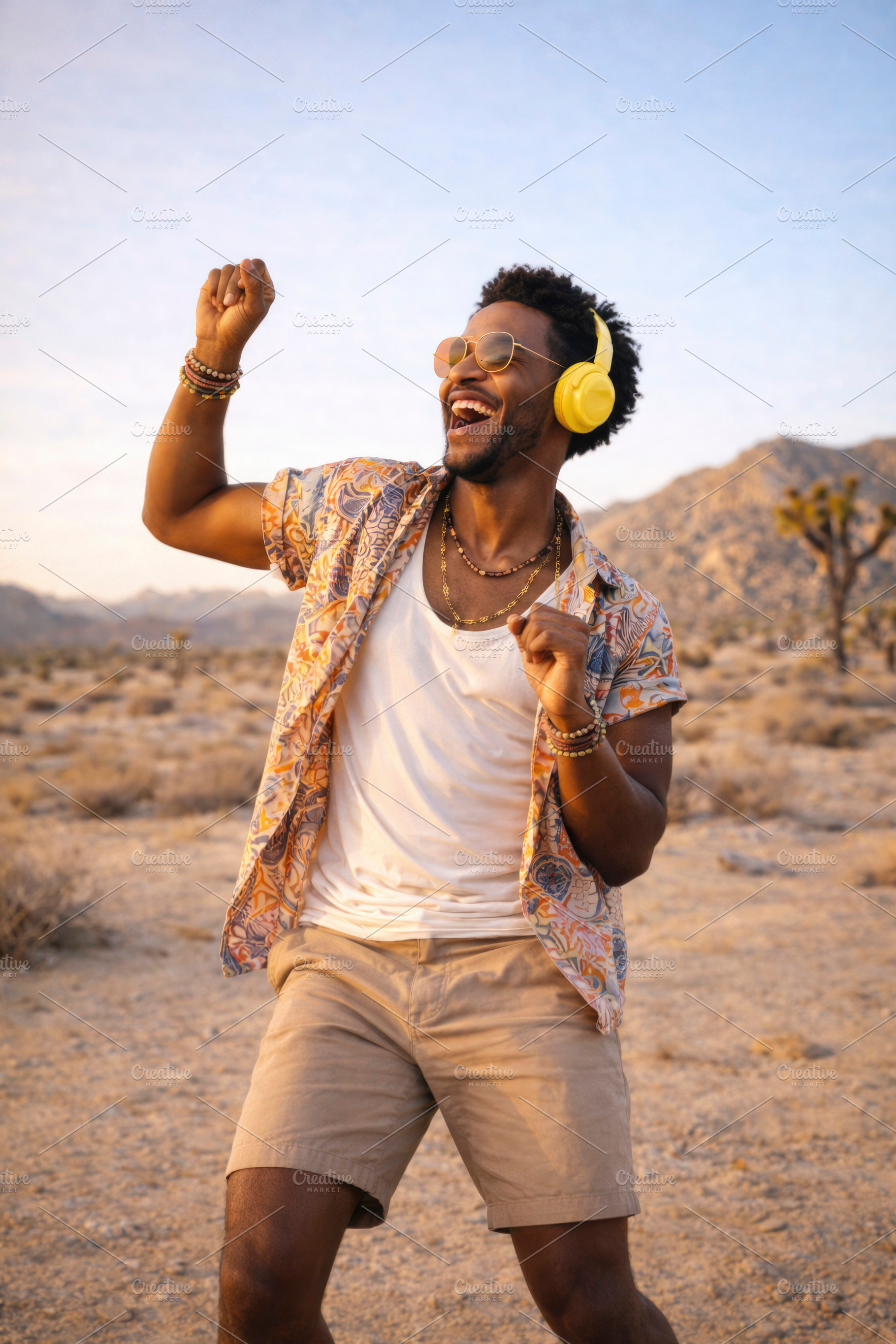 man dances outdoors with headphones, generative AI, a Photo by Nito