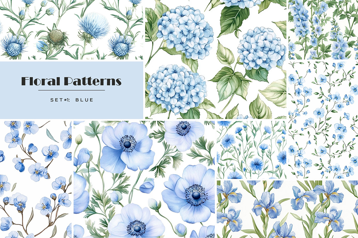 Watercolor blue flowers pattern set, a Pattern Graphic by Art and Funny (Photo 1 of 11)