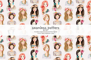Boho girls seamless pattern, a Pattern Graphic by Pink Studio Art