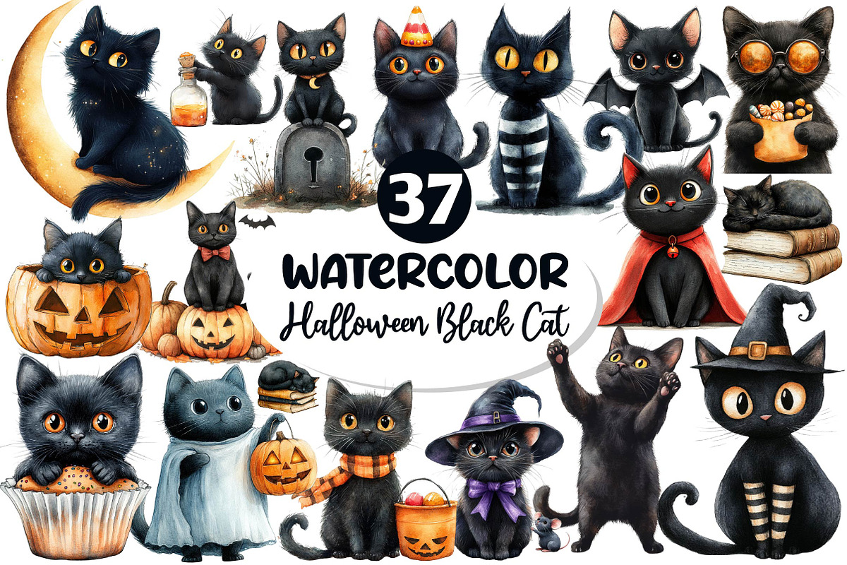 Halloween Whimsical Black Cat Clipar, an Illustration by Dream Creation (Photo 1 of 7)