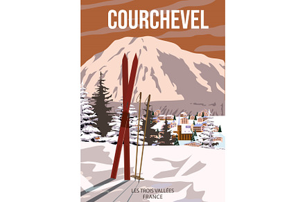 Vintage Travel poster Ski Courchevel, a Seasonal Illustration by Vector_Up