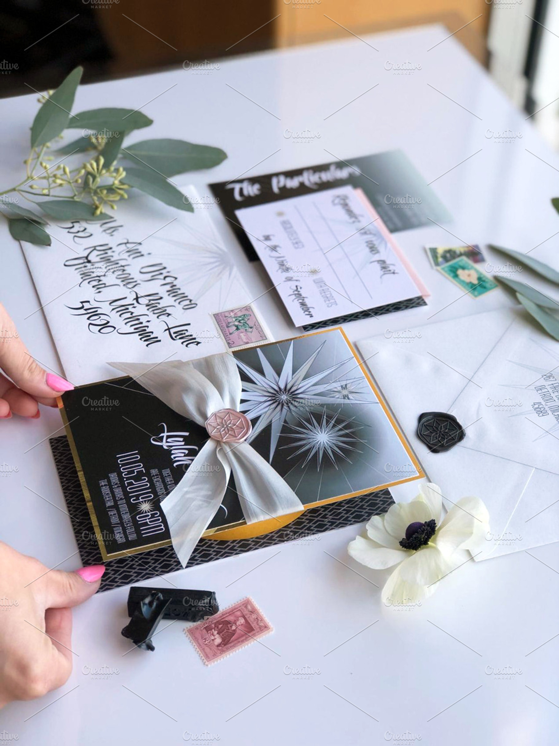 Wedding Invitation Flat Lay Setup, an Arts & Entertainment Photo by Cordial Punch Press
