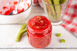 Pink and green rhubarb sweet jam, a Food & Drink Photo by Rimma