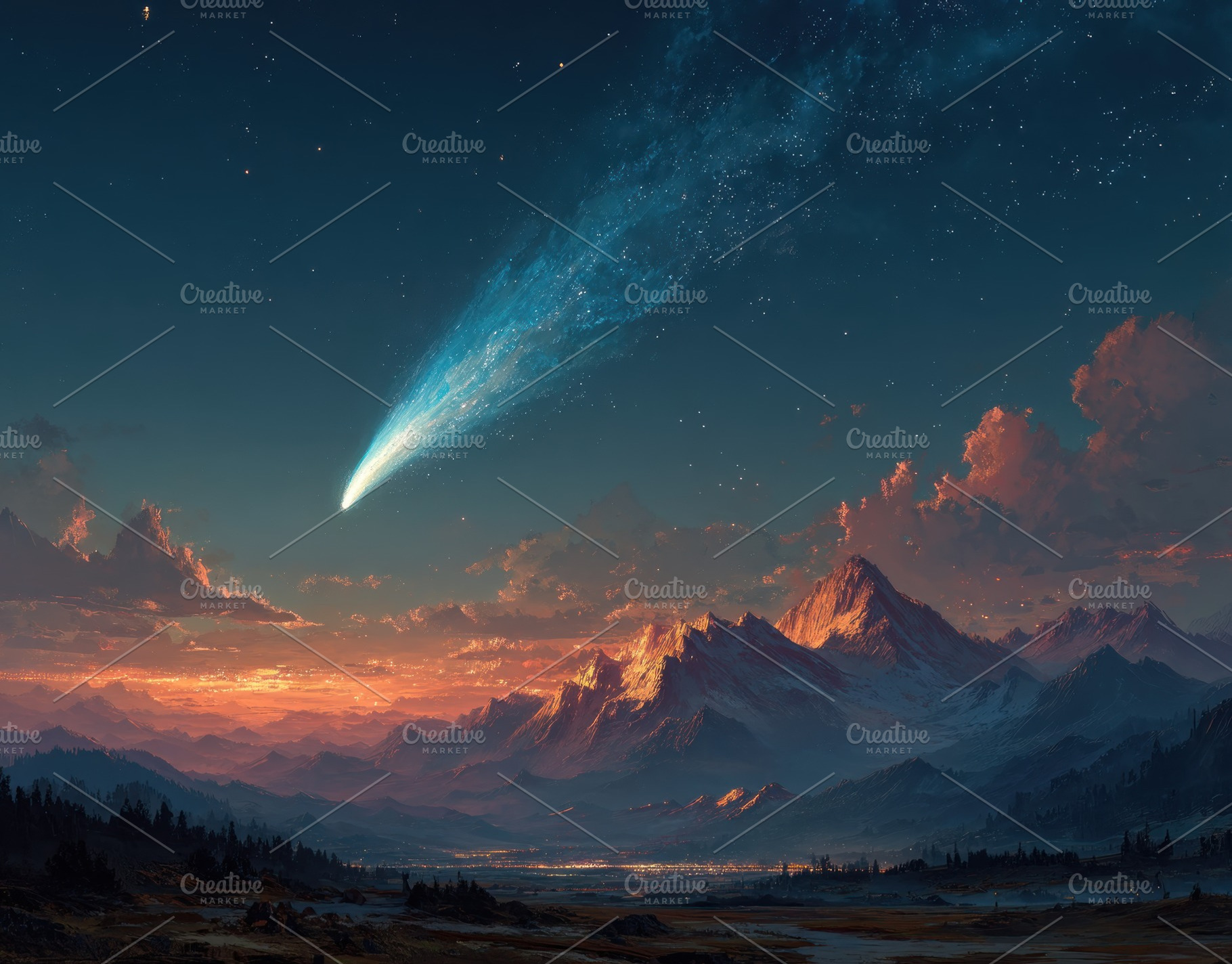 Fiery meteor streaks through twilight sky above snowcapped mount, a Background Photo by José Manuel Gelpi