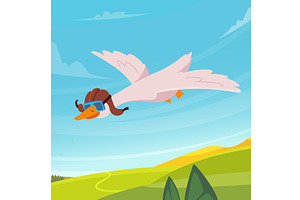 Flying duck. cartoon bird pilot in, an Animal Illustration by Onyx