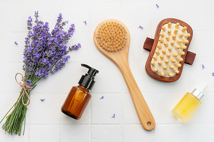 Lavender spa. Lavender salt, natural essential oil, massage brus, a Health & Medical Photo by Olena Rudo