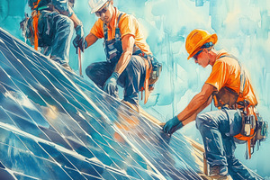 Three construction workers installing solar panels on a roof, wearing safety he, a Technology Photo by Textures & Backgrounds