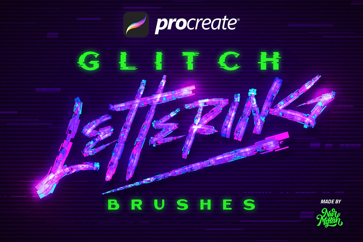 Procreate Glitch Lettering Brushes, a Brush Add-On by Nurmiftah (Photo 1 of 6)