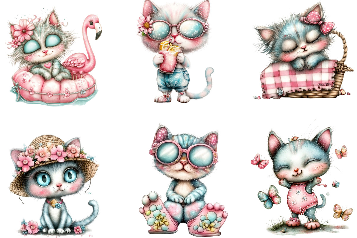 Whimsical Summer Cats Clipart, an Illustration by Designking (Photo 2 of 4)