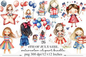 Watercolor 4th of July Girl Clipart, an Illustration by Designking