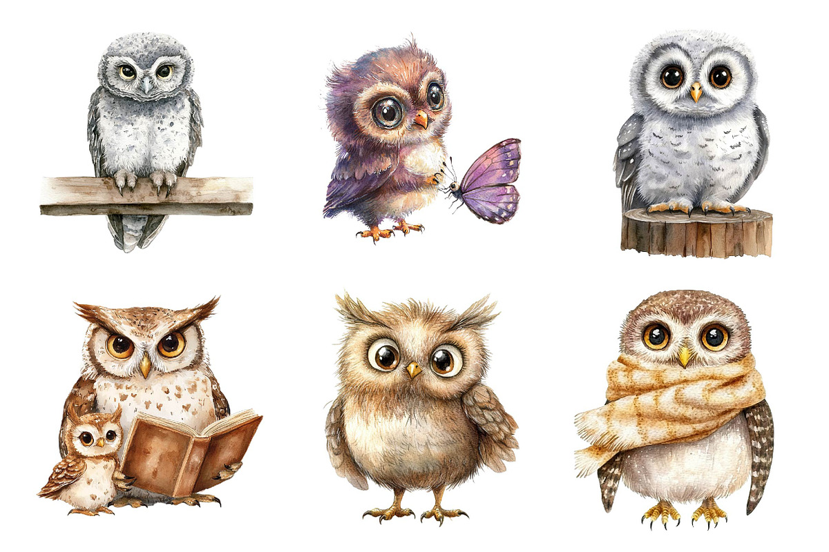 Watercolor Owl & Owlet Clipart, an Illustration by CreationArt (Photo 3 of 5)