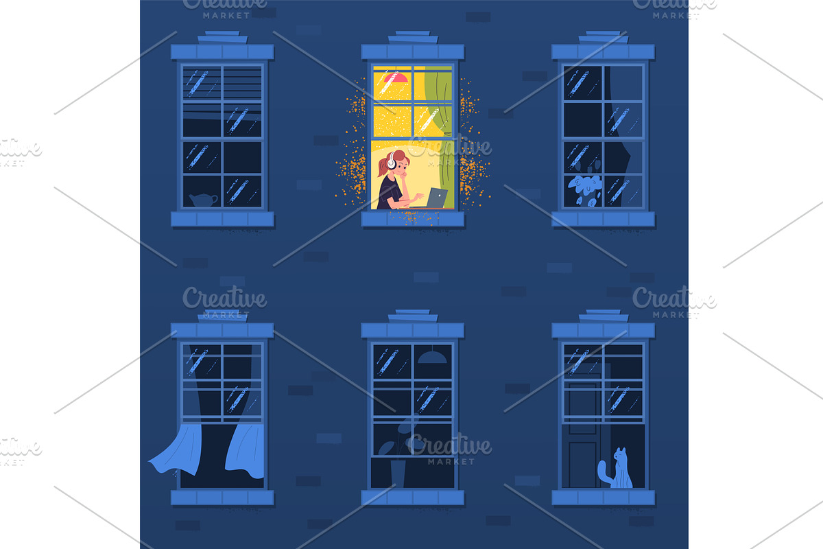 Night work in window. Tired woman at, an Object Illustration by Stock-Smart-Start