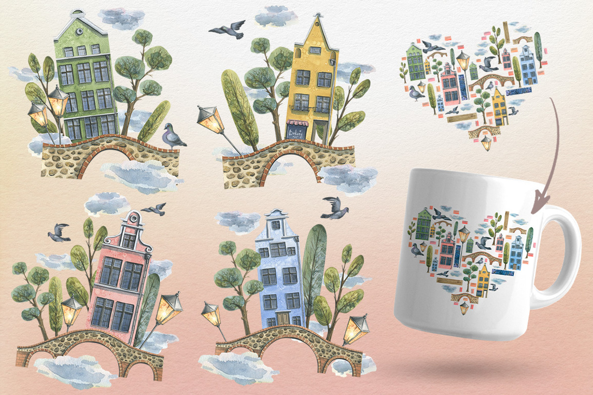 Old European houses watercolor clipa, an Object Illustration by NATASHA CHU (Photo 6 of 21)