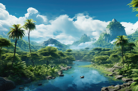 Tropical jungle with river and mountains under blue sky natural, a Photo by Dvoevnore photos